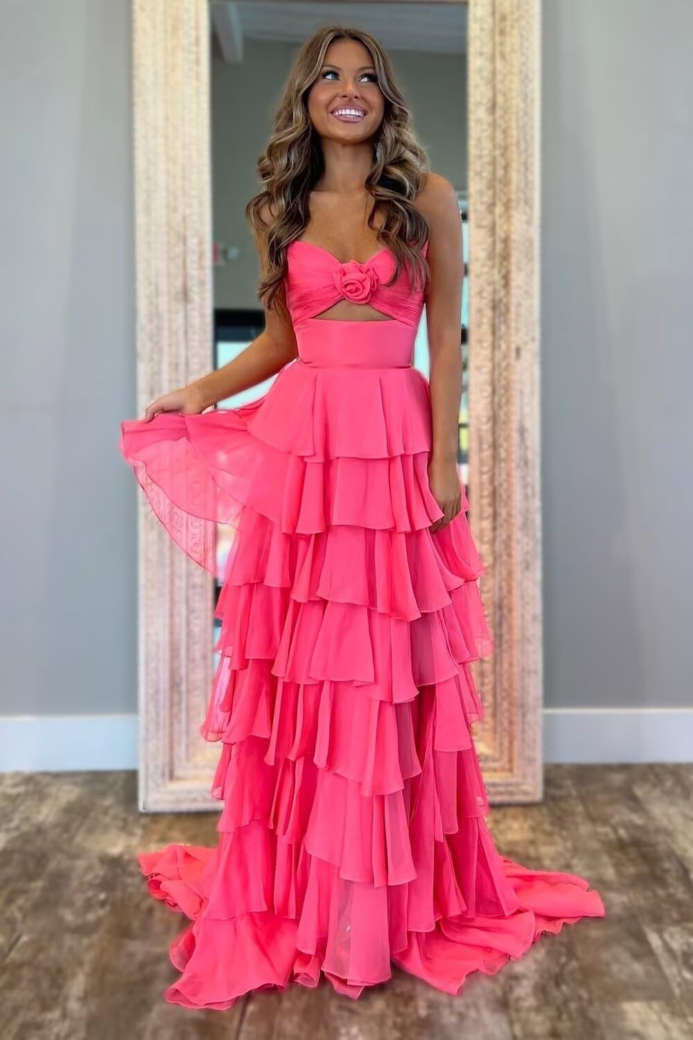 Yuxin 3D Flower Tiered Bridesmaid Dresses for Women 2025 Strapless Long Ruffles Chiffon Formal Prom Evening Gowns with Slit