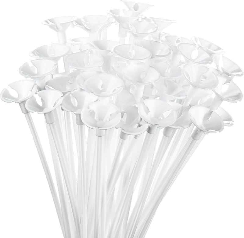 Chivao 300 Pcs Balloon Sticks with Base Balloon Holder,White | Plastic Balloon Stick with Cups Bulk, for Birthday Wedding Halloween Christmas Prom Baby Shower Party Decoration Supplies