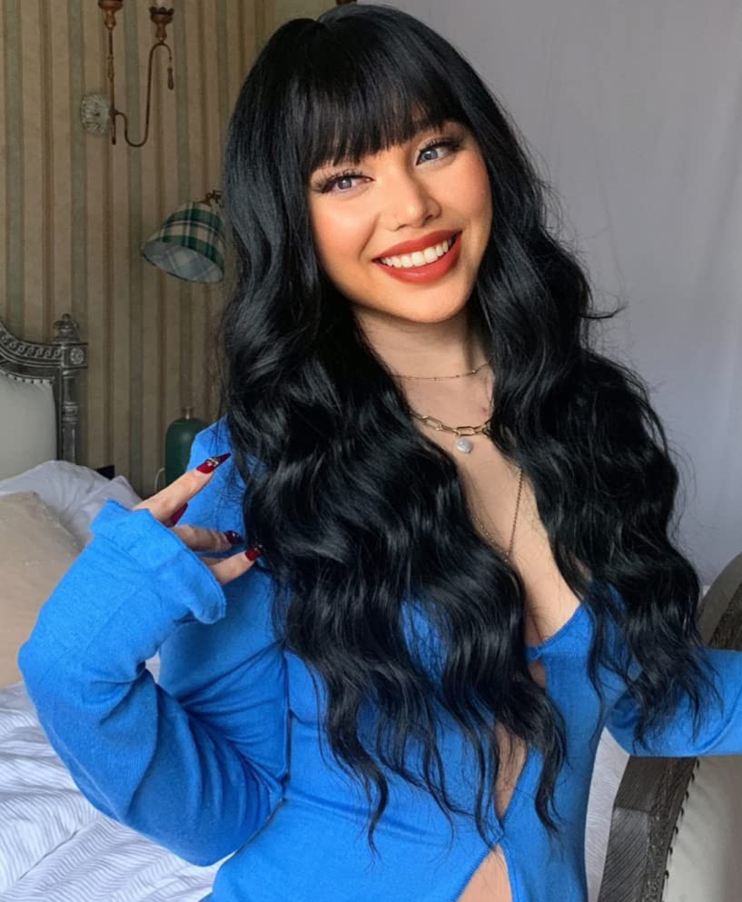 Miniatura 4 de Ebingoo Peluca negra de 30 pulgadas de largo con flequillo para mujeres y niñas + 1 gorra de peluca, peluca larga rizada negra, pelucas sintéticas