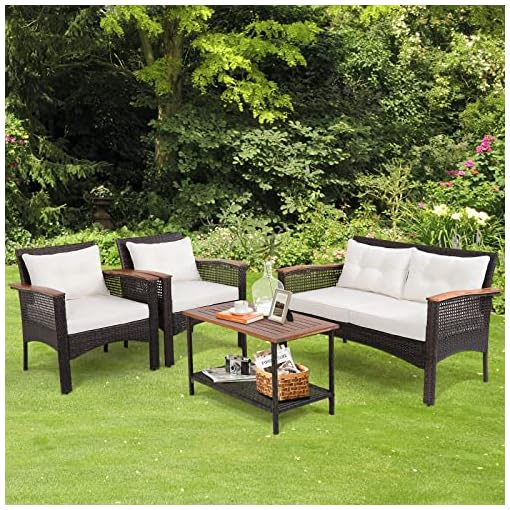 Tangkula 4-Piece Patio Furniture Set, Patiojoy Acacia Wood Outdoor PE Wicker Conversation Set with Cushions, PE Rattan Sectional Sofa Set for Lawn, Porch, Poolside, Backyard (Off White) - Image 4
