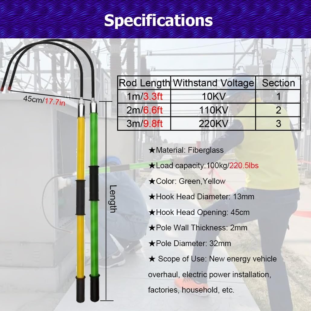 High Voltage Insulated Rescue Hook 3/6/10 Feet - 10kV-220kV Electrical Safety Tool for Electricians, 18-Inch Opening, Durable Yellow Design (6.6Ft)