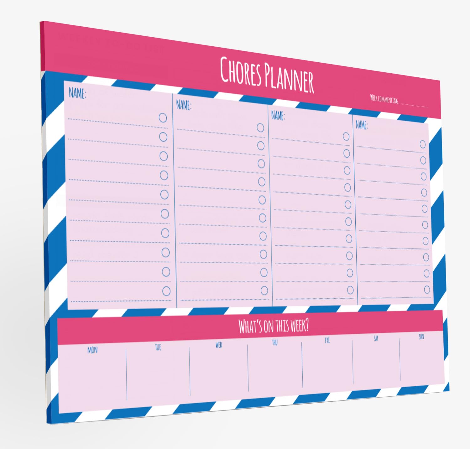 Family Chores Planner - Magnetic A4 Weekly Chores Planner - 52 Undated Pages to last a full Year - Quality 100gsm paper with a sturdy 1250 micron white backing board and two strong magnets (Pink)