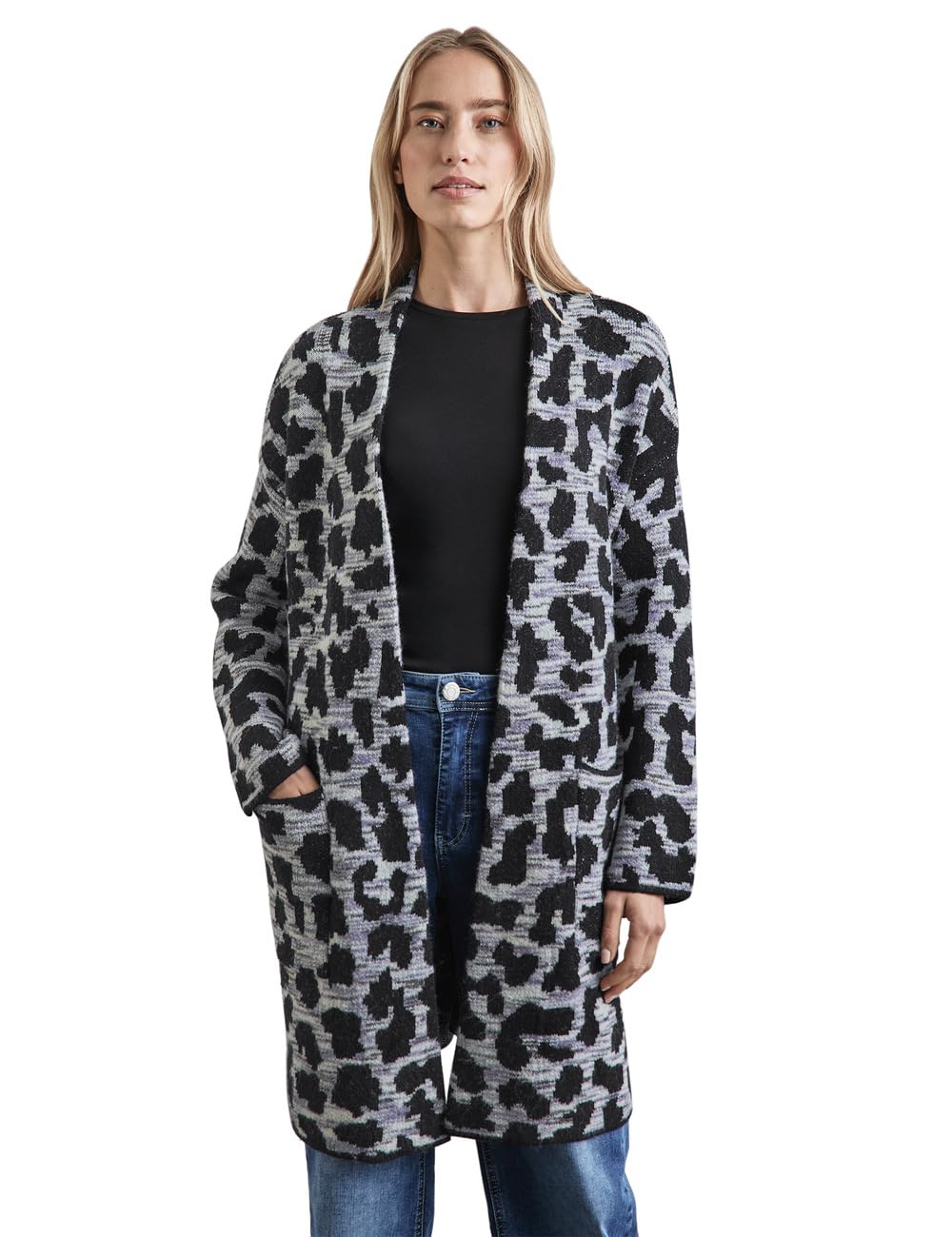 Street One Damen A253898 Long Cardi_Leo Jacquard, Heather Grey, 46 EU, Heather Grey, 46