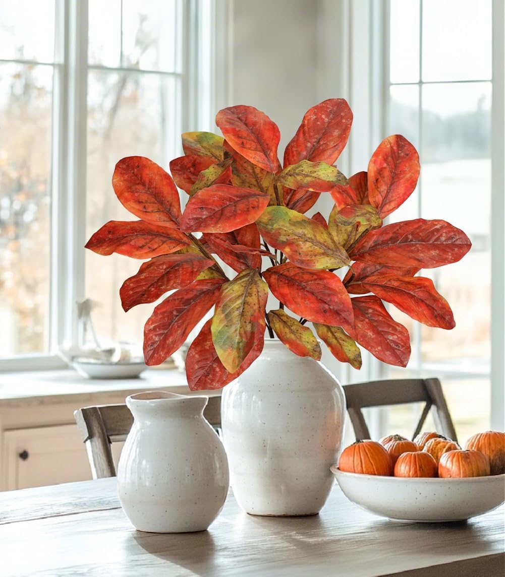 Artificial Magnolia Fall Leaves Stem 31 inch Fake Autumn Foliage Branches Leaf for Home Kitchen Farmhouse Vase Thanksgiving Table Centerpieces Party Decor Orange - Image 4