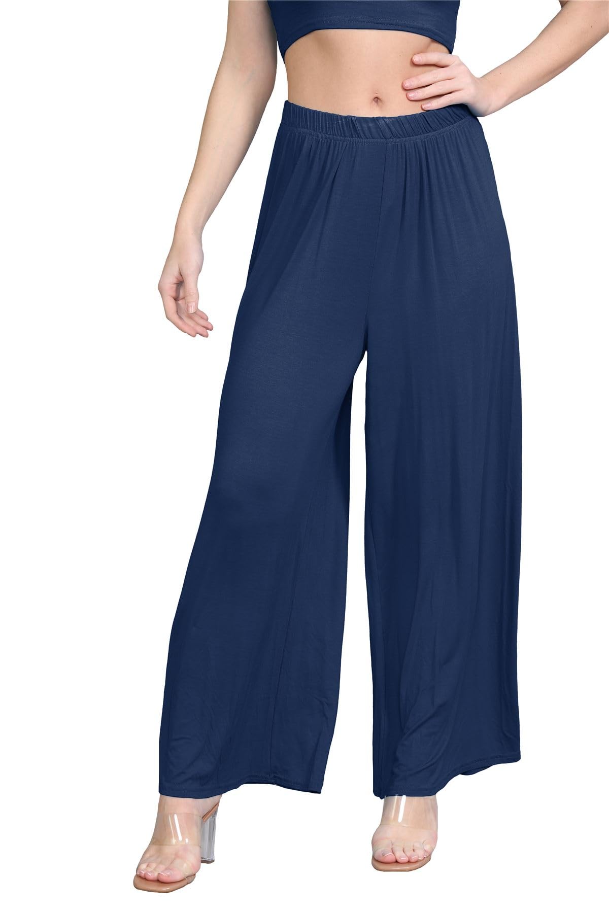 Hamishkane Women's Navy Hamishkane® Plain Flared Palazzo Elasticated Waist Wide Leg Yoga Pants For Uk Elegant Palazzo Trousers For Uk - Ideal Summer Trousers