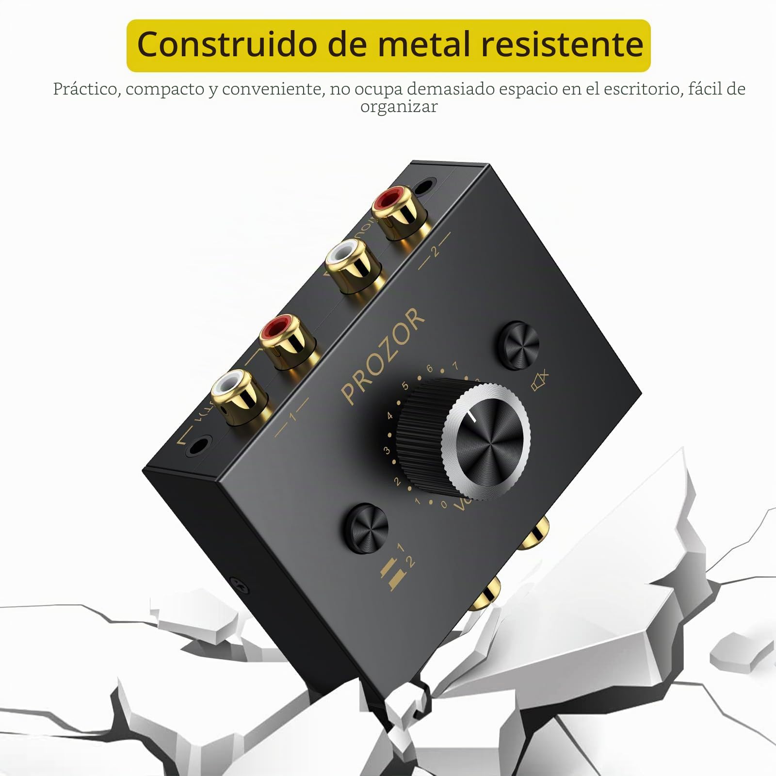 PROZOR Conmutador de Audio Estéreo Bidireccional RCA y AUX 3.5mm Selector de Sonido 1x2/2x1 con Control de Volumen y Botón Mute Switch Pasivo para Altavoces PC Amplificador Tocadiscos Reproductor CD