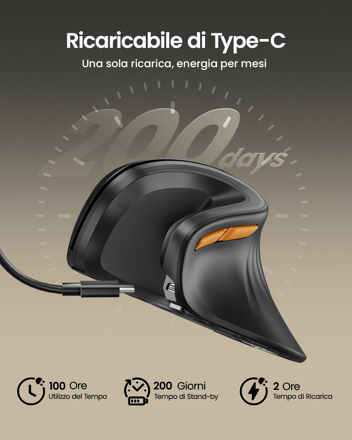 ProtoArc Mouse Ergonomico, EM11 NL Mouse Verticale Senza Fili Ottico Ricaricabile con 3 Porte Dispositivi (2*Bluetooth &USB), 3 DPI Regolabili per Computer, iPad, Mac, Windows - Nero