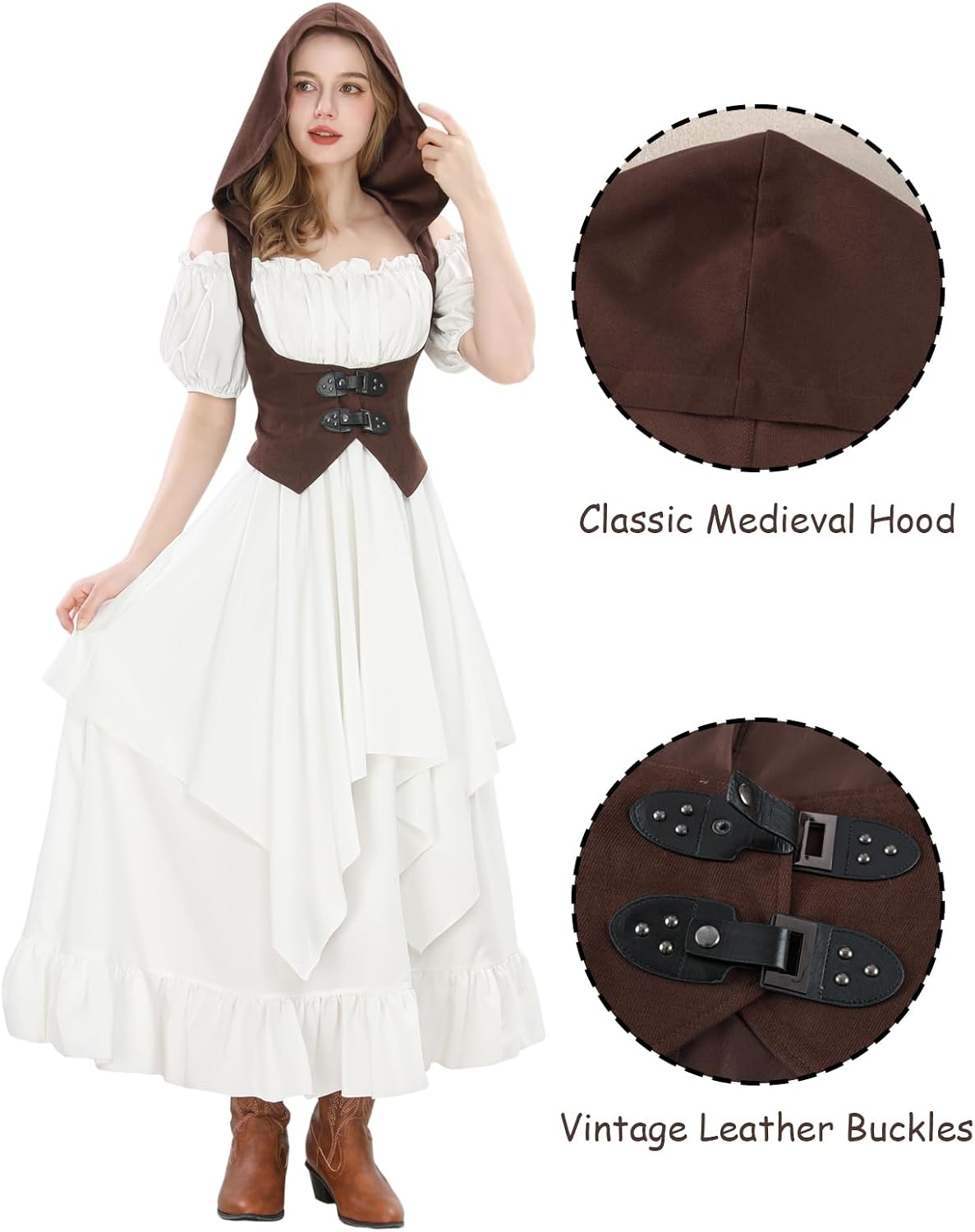 NSPSTT Medieval Hooded Underbust Corset for Women Brown Renaissance Bustier for Ren Faire Pirate Cosplay Costume