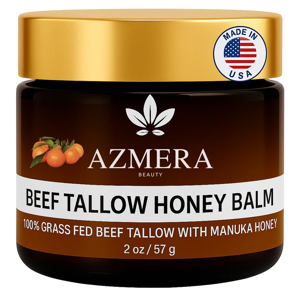 Azmera Beauty 100% Grass-Fed Beef Tallow Balm, Manuka Honey MGO263+, Organic Beeswax & Olive Oil, Beef Tallow for skin,Handmade Moisturizer for Dry Skin, Eczema Relief, & Healing Skin2oz, Orange