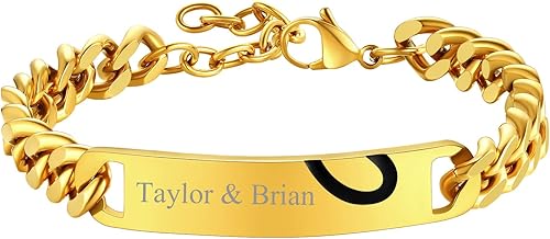 FindChic Pulseras de identificación con barra de nombre personalizadas para hombres y mujeres, chapados en oro de 18 quilates, acero inoxidable,