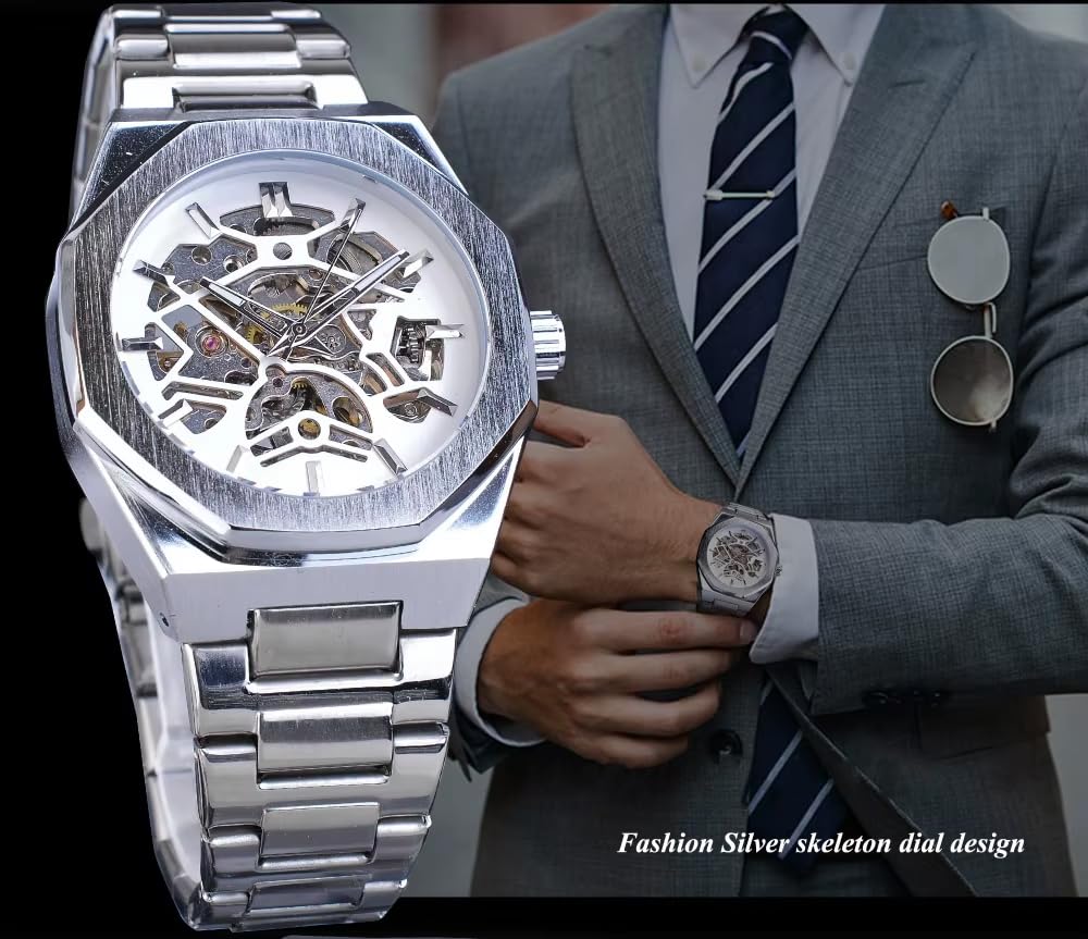 Mechanische Skelett-Uhr für Herren, automatisches Selbstaufziehendes offenes Herz-Design, Edelstahlband, Premium-Skelett-Uhr für lässige und formelle Kleidung