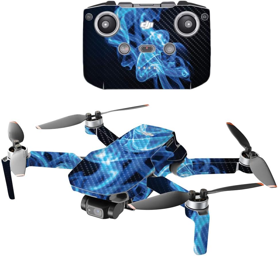 MightySkins Carbon Fiber Compatible with DJI Mini 2 Portable Drone - Blue Flames | Protective, Durable Textured Carbon Fiber Finish | Easy to Apply and Change Styles | Made in The USA