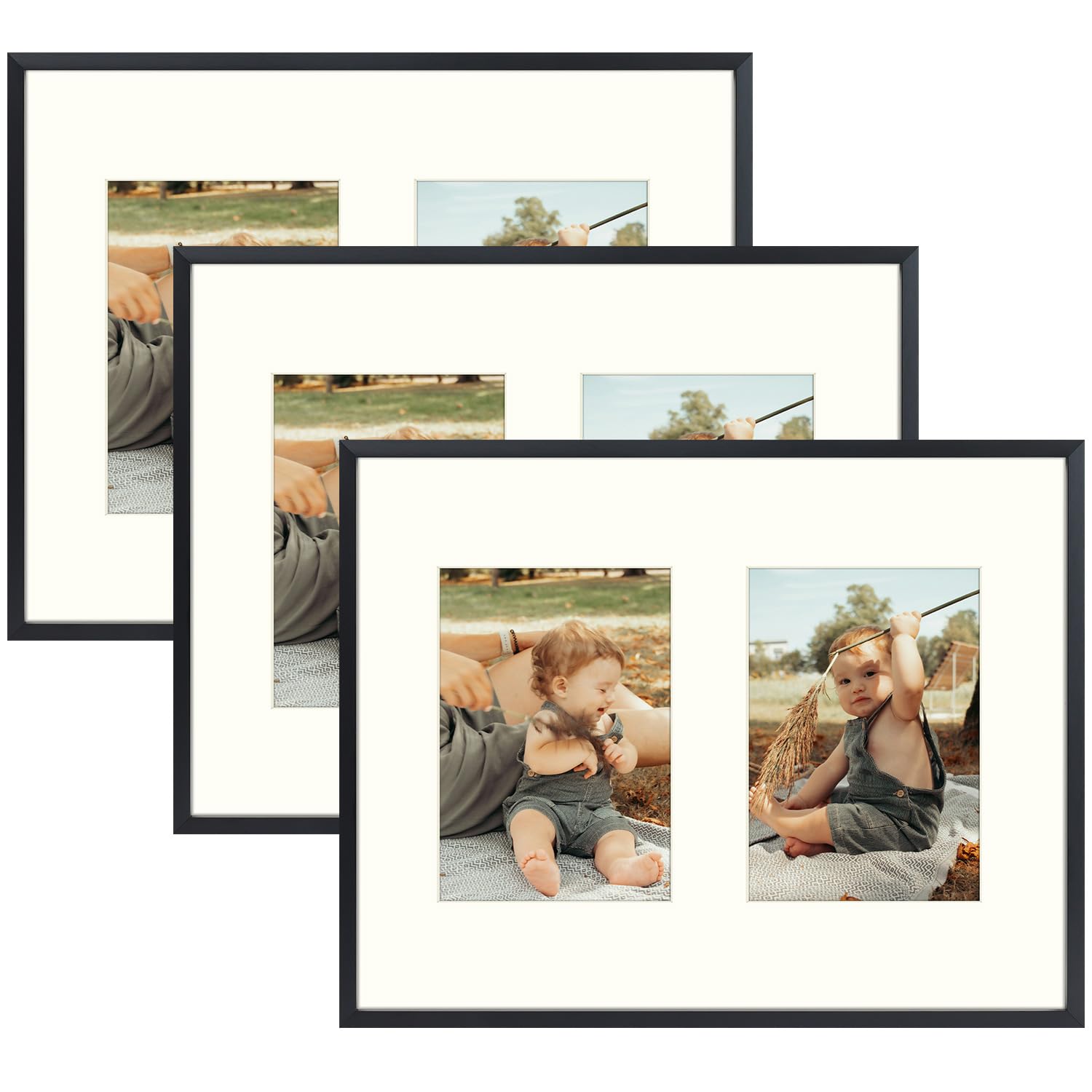 Golden State Art, 7x5 Aluminum Collage Frame, Displays 5x7 Pictures With 2 Openings Mat or One 11x14 Photo, Real Glass, Portrait/Landscape Wall Display, Black, 3 Pack