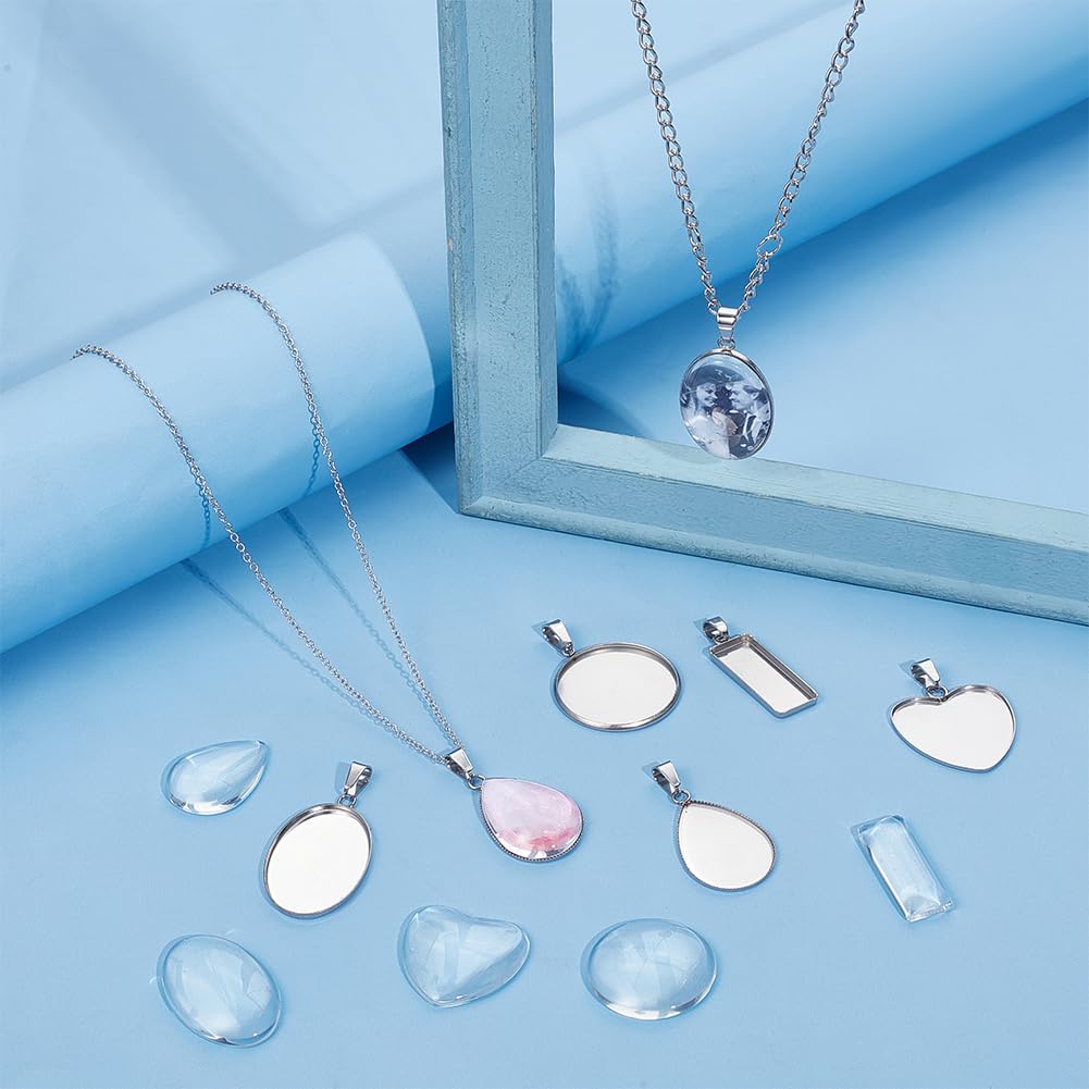 UNICRAFTALE 20 Sets 5 Styles Cabochon Pendant Trays 10-25mm Settings 304 Stainless Steel DIY Blank Bezel Pendant Heart Oval Teardrop Rectangle Base Charm with Glass Cabochons for Jewelry Making - Image 2
