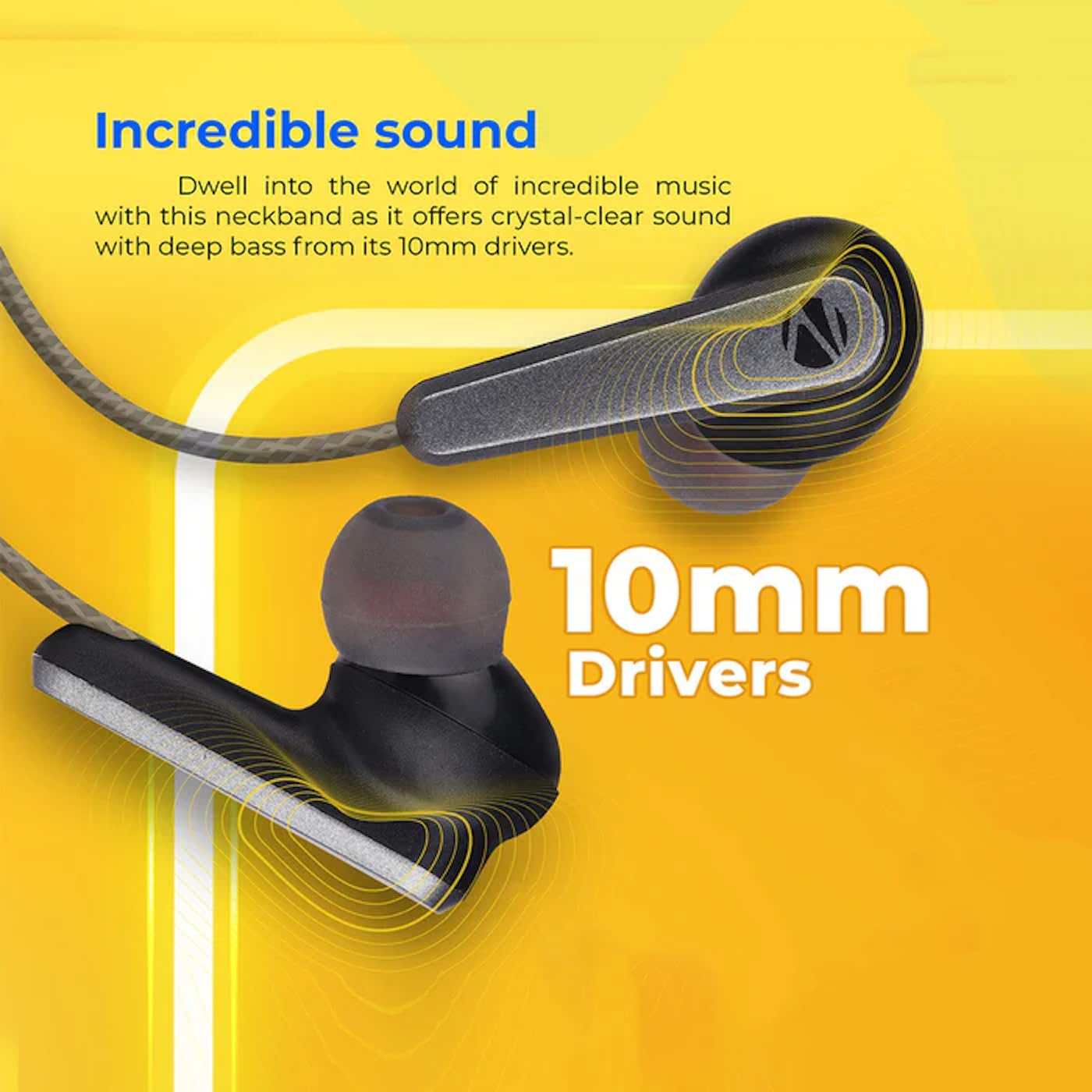 Close-up of ZEBRONICS Zeb-Escape 10 earbud with '10mm Drivers' text