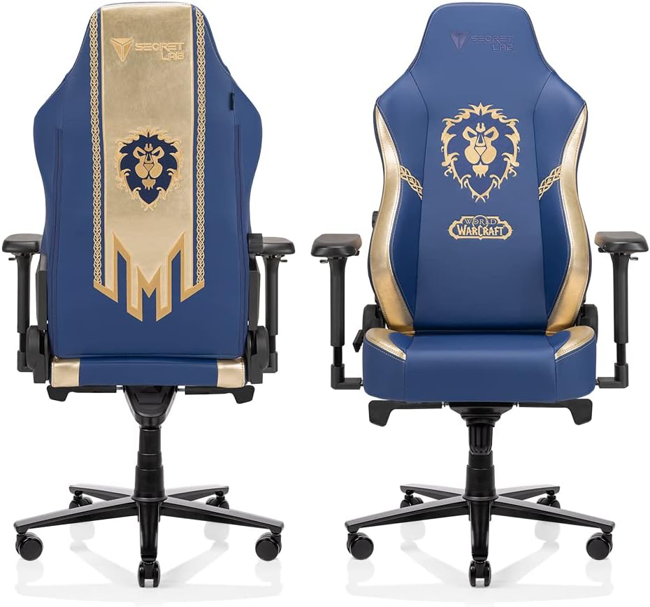 Priekyje ir gale view of the Secretlab Titan 2020 Alliance Gaming Chair in blue and gold.