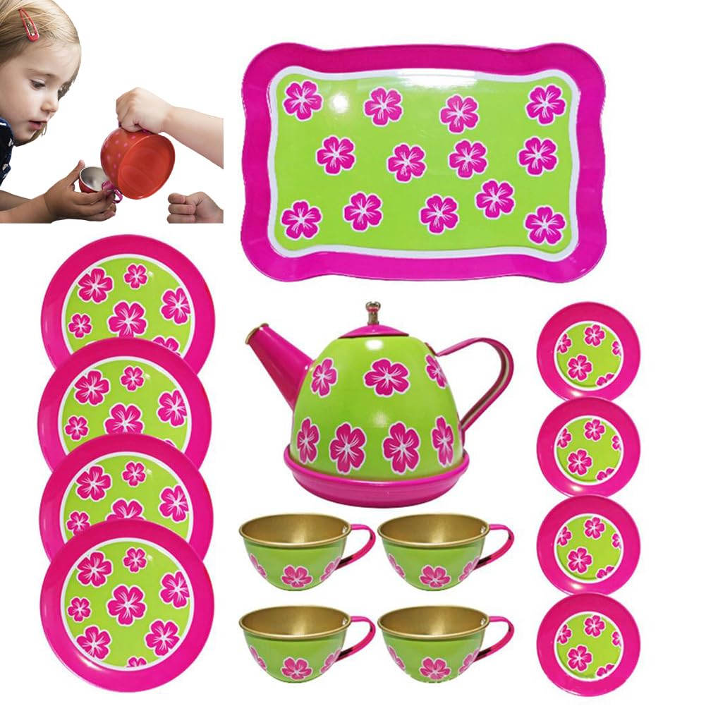 Kids Tea Set,14Pcs Metal Tea Party Set for Girls & Boys,Pretend Play Kitchen Accessories with Teapot,Tray,4Teacups,4 Plates and 4 Saucers,Safe & Durable Gift