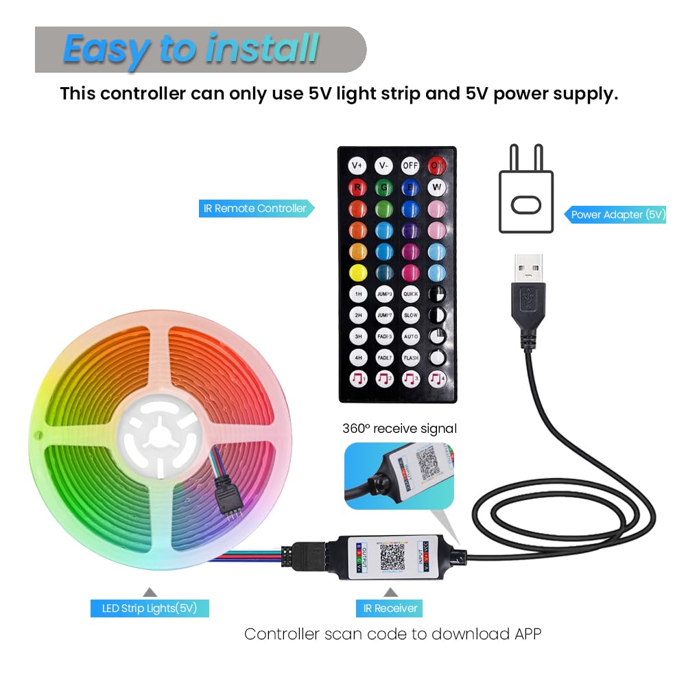 5V RGB Ruban LED COB, 576 Leds/m Dimmable Bande LED avec Contrôle vocal USB Bluetooth App 44 Keys Contrôleur Non Etanche IP21 bande lumineuse pour chambre, bar, TV, cuisine, fête.