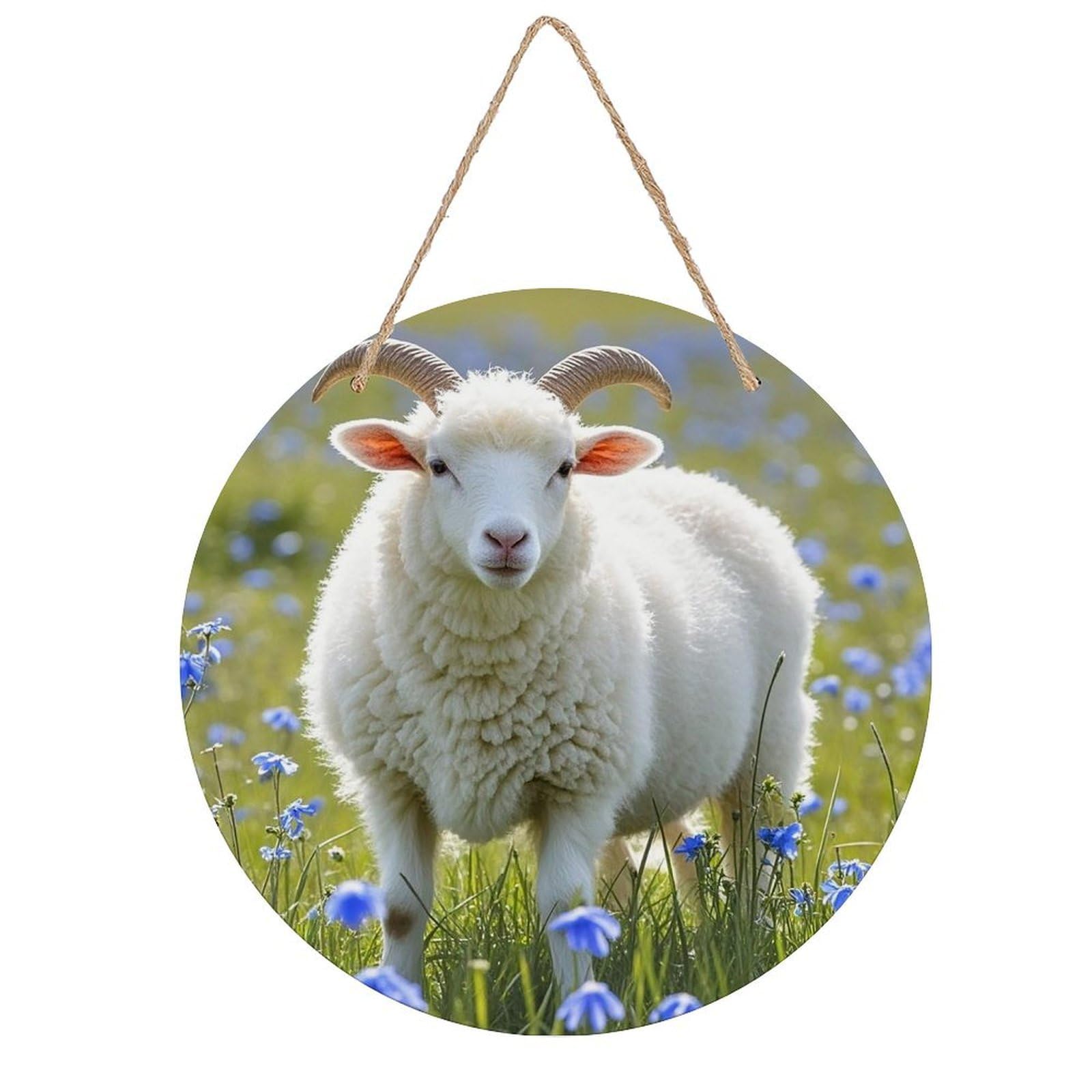 LZQPOEAS Sheep Wall Art Decor Round Wood Hanging Sign Rustic Vintage Wooden Door Hanger with Ropes Decorative Plaque Welcome Sign for Home Indoor Outdoor, 7.9x7.9 in
