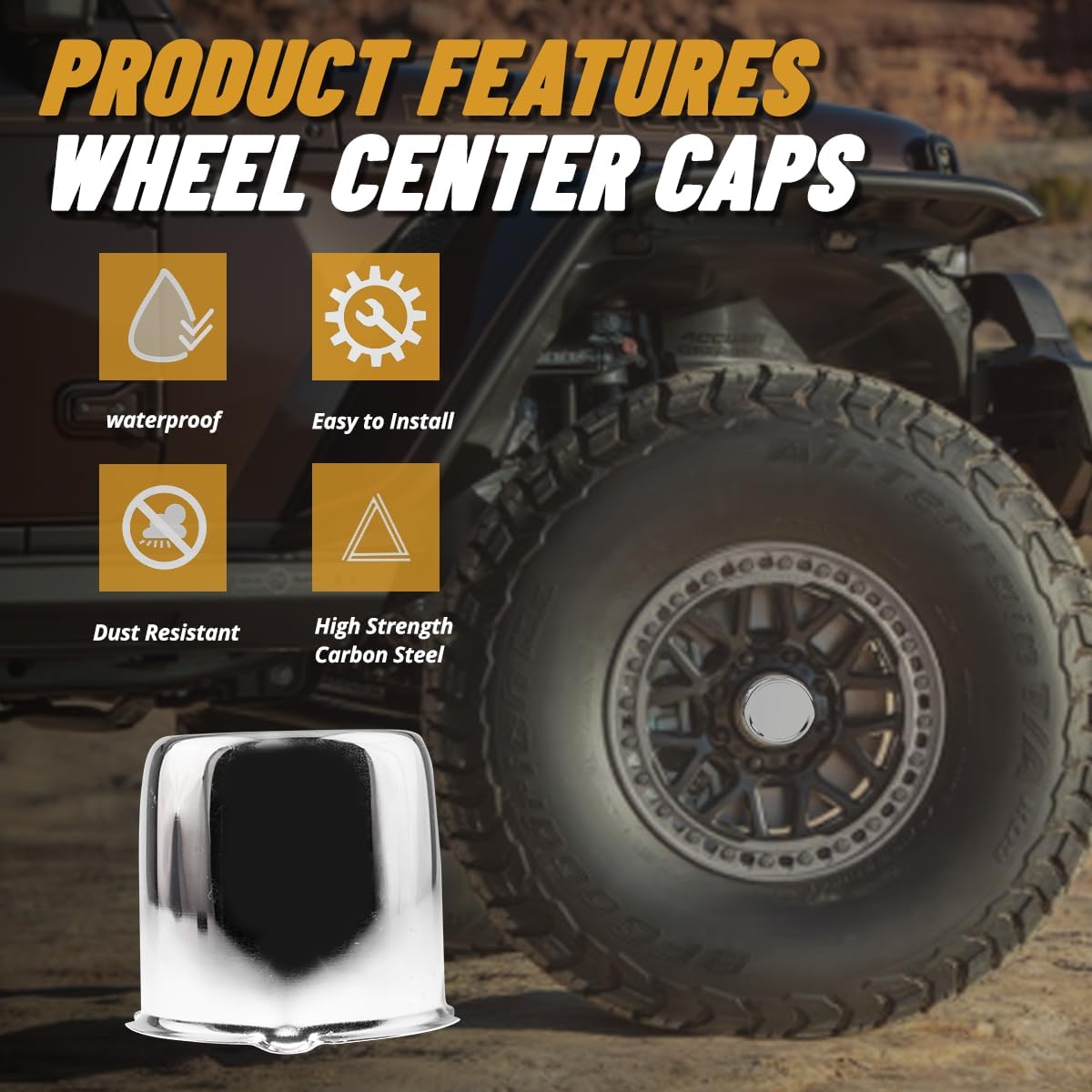 4Pcs 3.3 in Wheel Center Caps Chrome Push Through Design - Fit 3.3" Center Bore for Truck, Trailer, SUV, RV Wheels Rims 3.03" Height Center Hub Caps