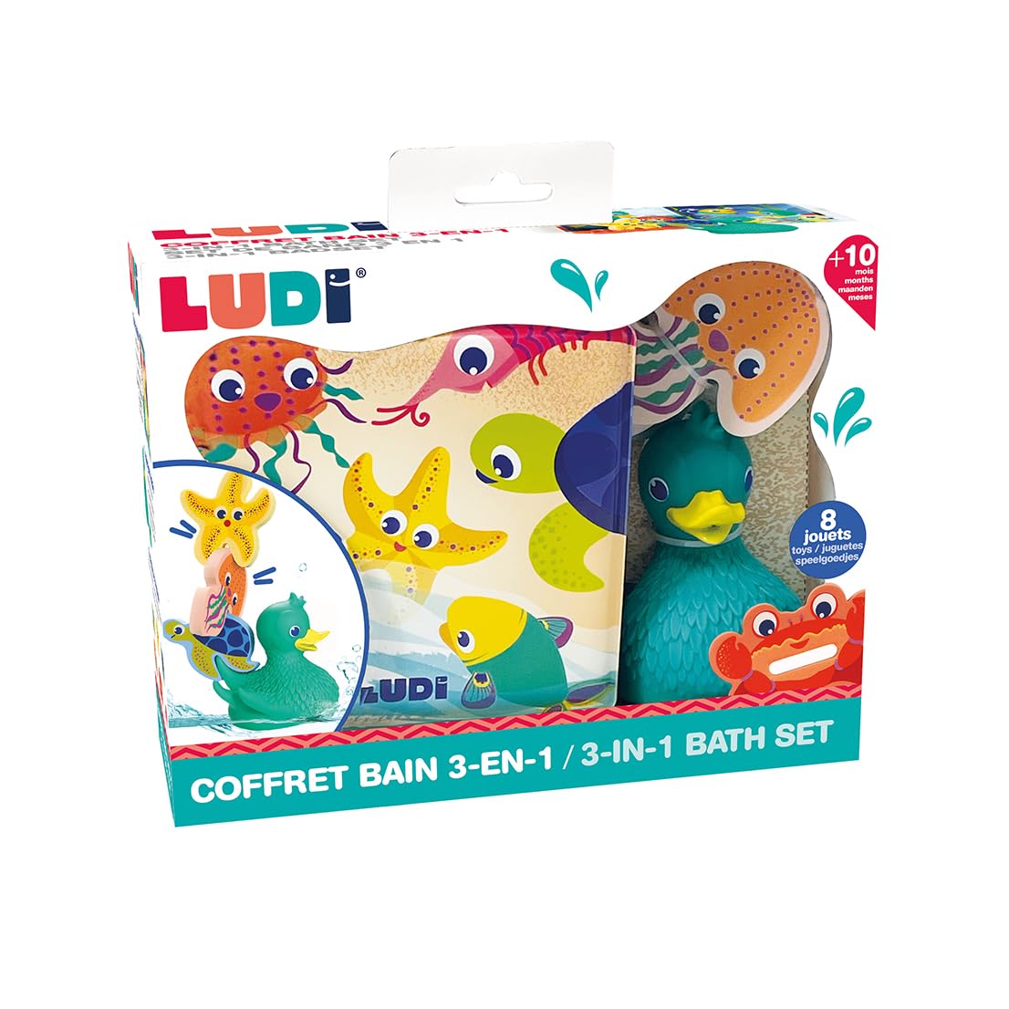 LUDI Lucky Duck & Friends - Cofanetto da bagno 3 in 1 - Anatra aspergore, 6 animali in schiuma e libro da bagno - Sviluppo motorio e immaginazione - a partire dai 10 mesi