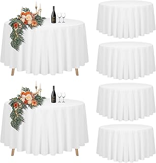 6er-Set Weiße Runde Tischdecke 275cm Durchmesser für Ø120-210cm Tische, Polyester Wasserdicht Waschbar Große für Hochzeit Party Buffet Camping Restaurant (108 Zoll)
