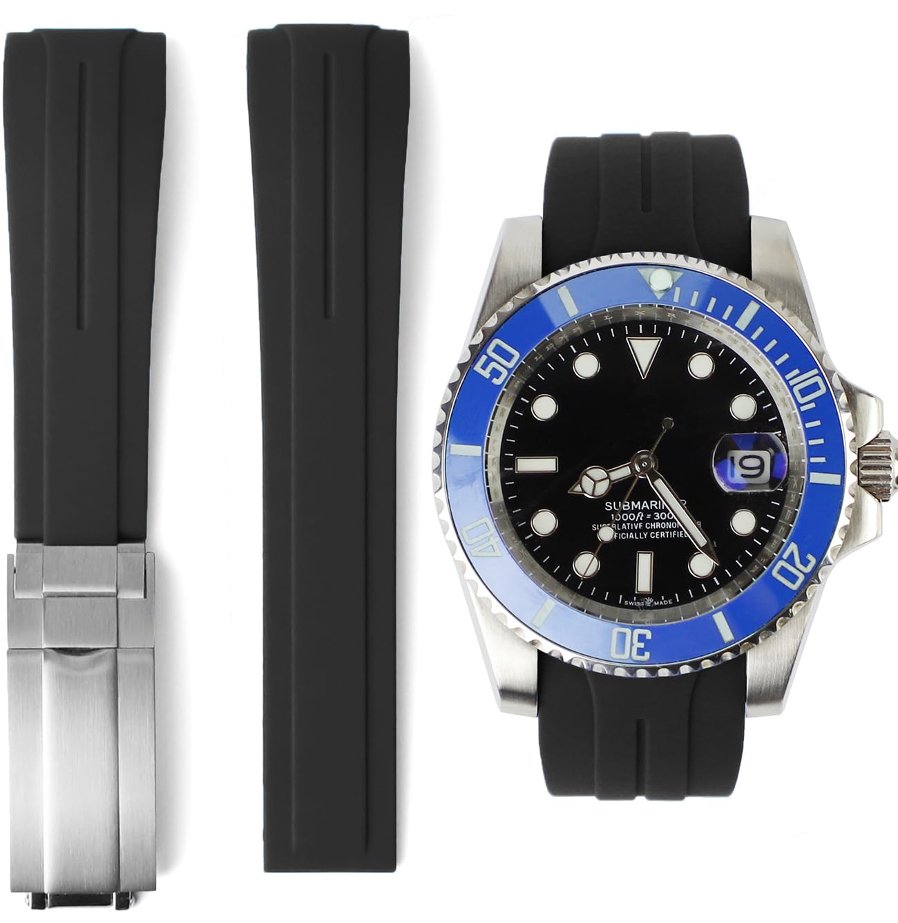 20mm Curved End Rubber Watch Band for Rolex Submariner, Daytona, Yacht-Master, GMT-Master, Air-King,Datejust, Day-Date,Explorer, Oyster Perpetual Watch Strap Breitling,Omega,Tudor,Longines,Seiko Watchband Tear Resistant Dustproof with Deployment Clasp