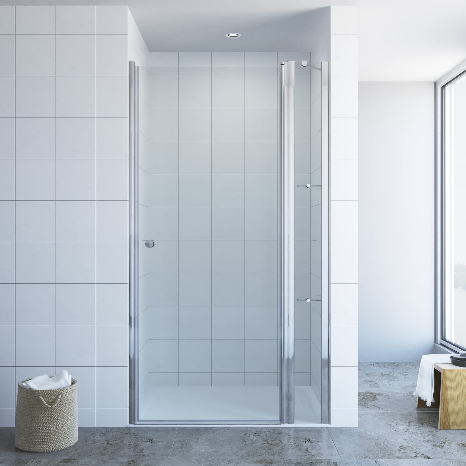 Duschtür mit Festteil und Eckregalen breite 110 cm Verstellbereich 108-111 cm Drehtür Schwingtür mit festem Seitenteil Duschabtrennung Duschwand Glas für Nische Echtglas 6 mm klar NANO-Beschichtung
