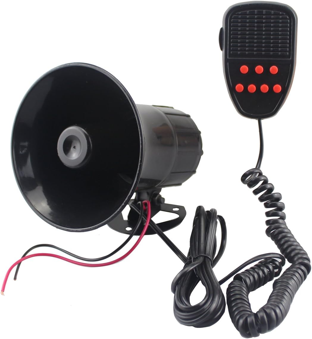 Car Siren Speaker, 12V 50W 7 Tones Sound Electronic Vehicle Horn with Mic PA System, Black ABS Housing, Compatible with Truck, Van