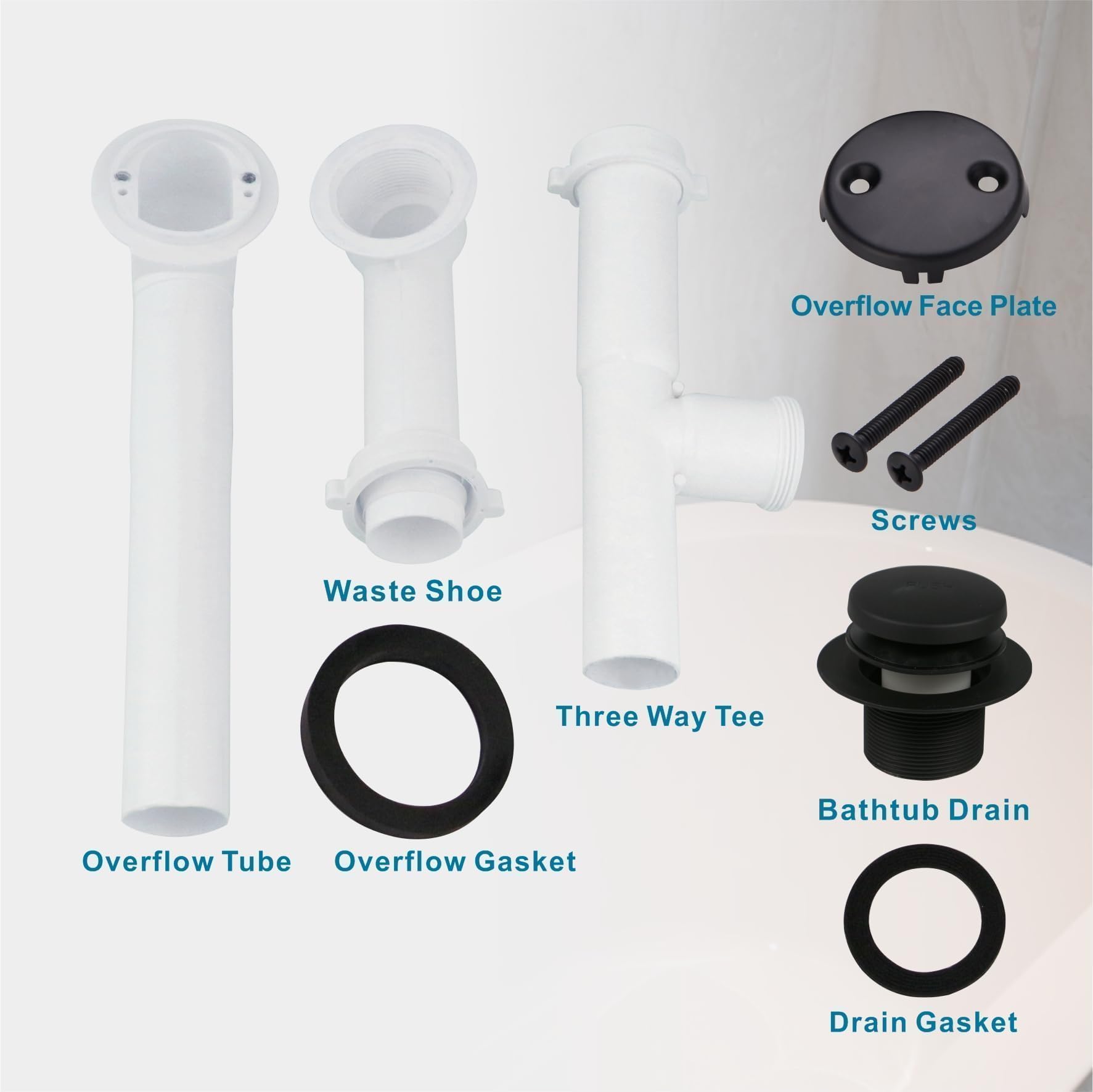 Schwarzes Rohr-Ablauf-Set mit WELSAN Tip-Toe Badewannen-Ablaufstopfen, Touch-Toe Badewannenstöpsel Abfluss und Überlaufplatte, 2,5–1,3 cm Kunststoffrohr (mattschwarz)