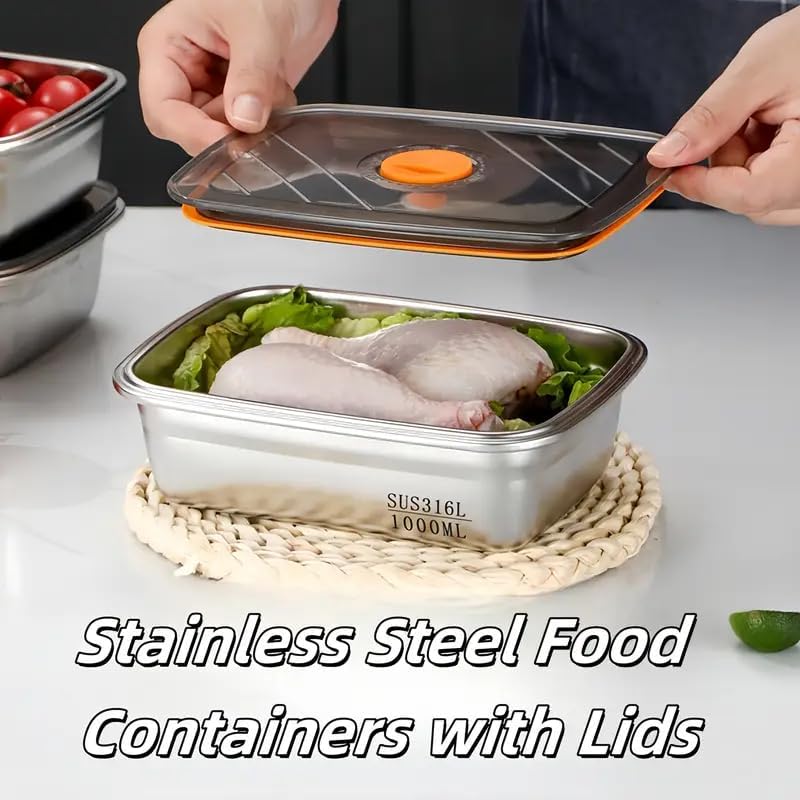 Image of SOLIGT Marve Fridge Storage Box 1000 Ml 316 Stainless Steel Food Storage Containers | Food Grade, Leakproof Kitchen Organizer | Freshness Locking, Microwavable & Freezer Safe, Silver With Lid 4 Pcs