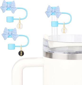Cute Bow Straw Cover for Stanley Cup With 2 Initial Letter Charms Name ID Accessories Compatible With Stanley 30&40 OZ 10mm Straw Topper, Drinking Straw Covers Cap for Tumble Cups Blue Bow+I