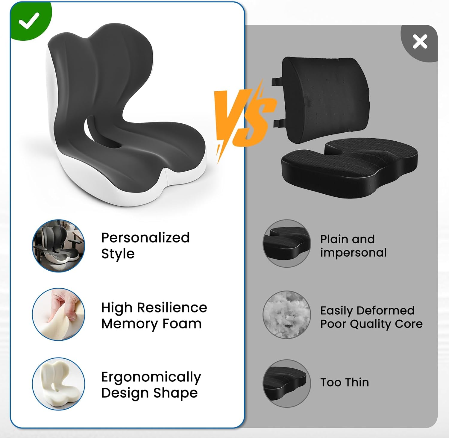 Seat Cushion, Memory Foam Car Seat Cushion with L-Shaped Ergonomic Design, Tailbone Pain & Sciatica Pain Relief Cushion for Office Chair, Car, Truck Drivers, Long Work Sessions and Wheelchair