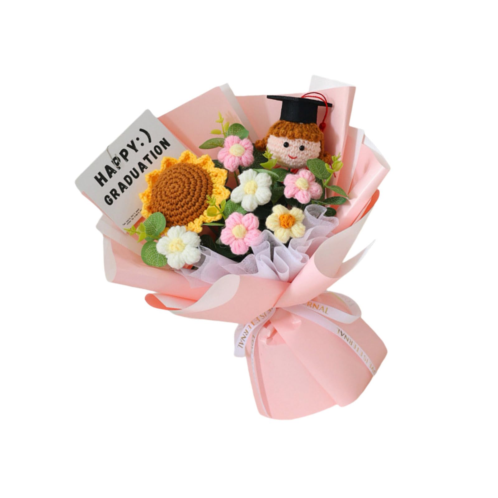 Msioytog Artistic Crochet Graduation Bouquets Long Time Knitted Flowers Permanent Graduation Girls Boys 25x35cm Lemon Knitted Blossomy Gift