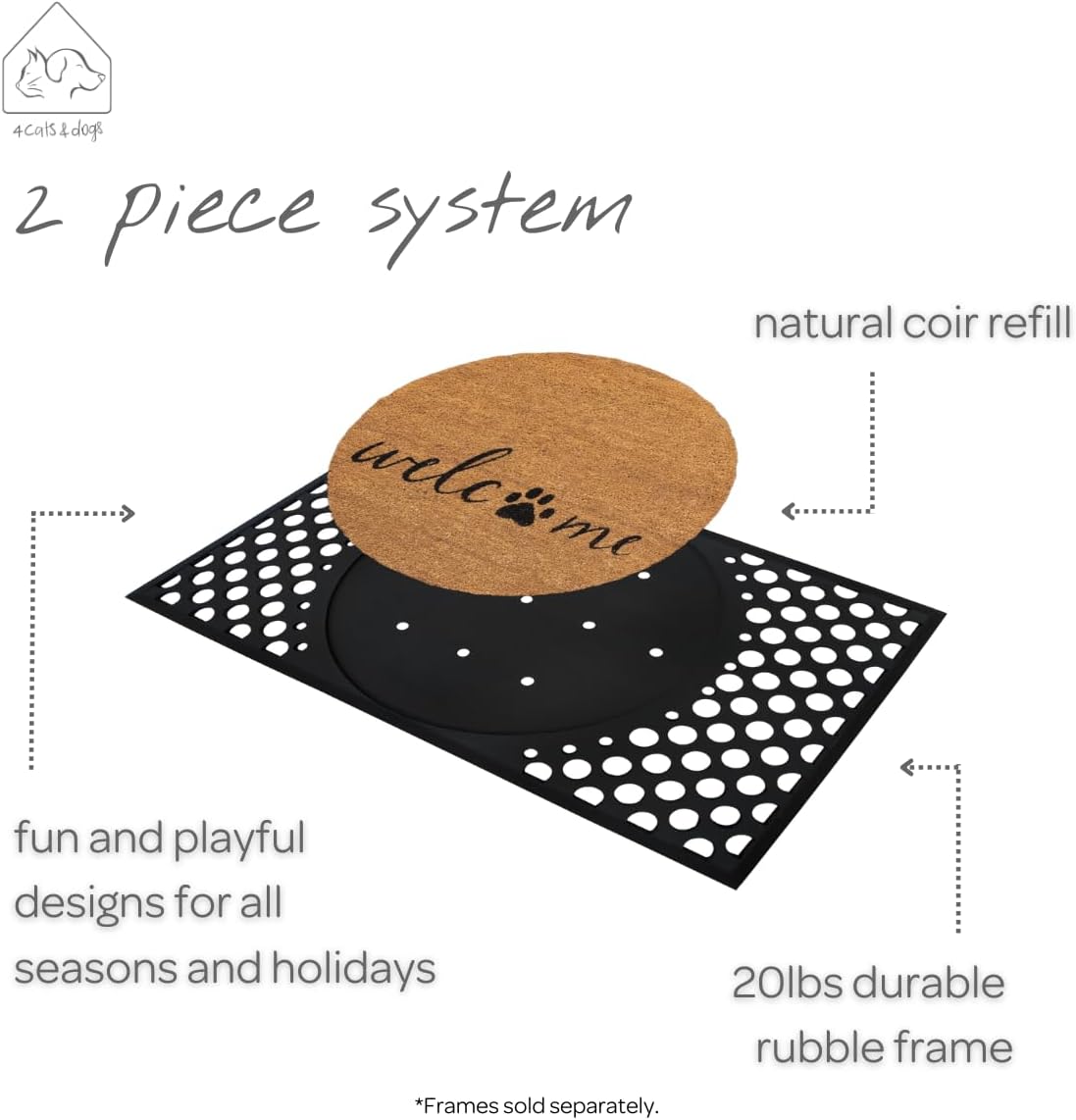 4 Cats & Dogs Round Coir Doormat 27" x 43.5" – Welcome & Goodbye - Includes Coir Insert & Heavy-Duty Non-Slip Rubber Frame, Pet-Friendly Welcome Mat, Easy to Clean Entry Rug for Indoor & Outdoor Use