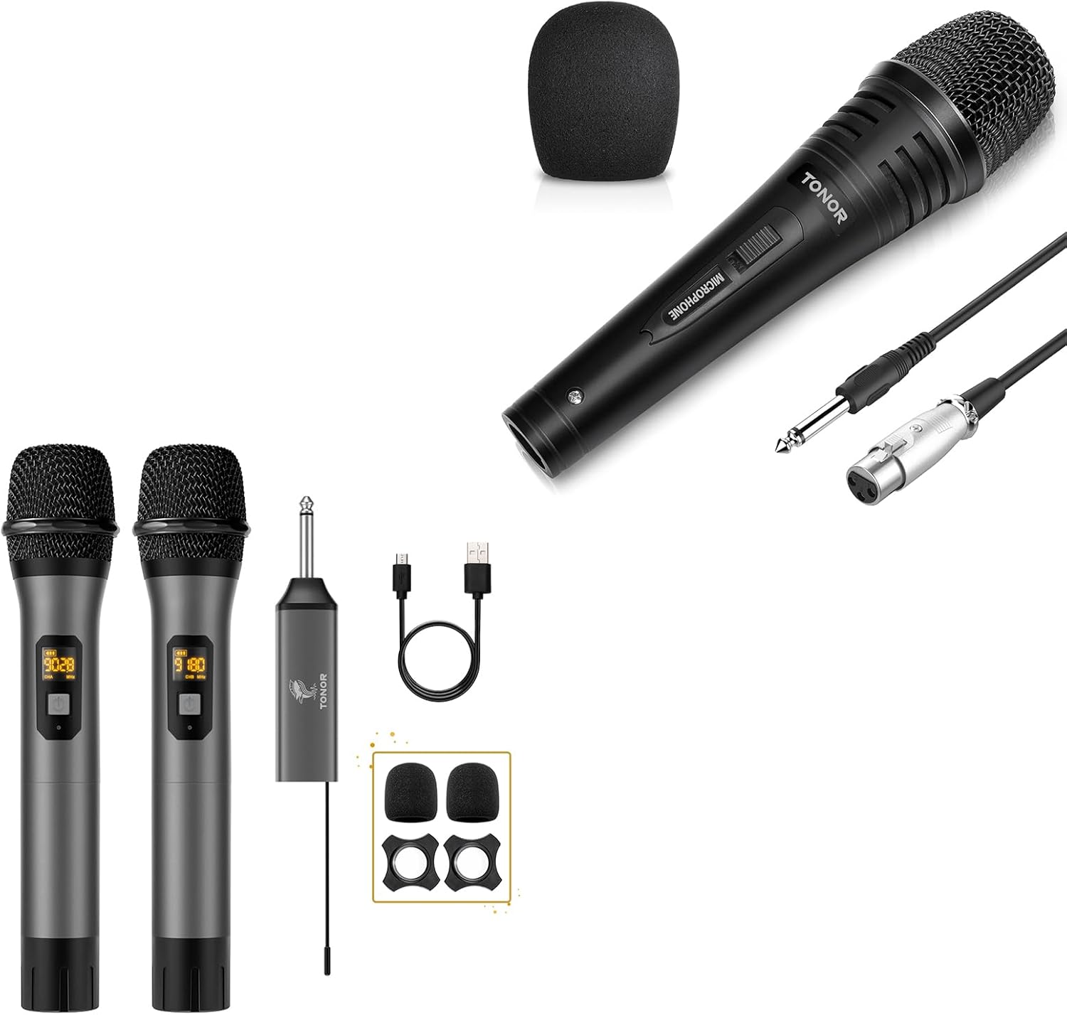TONOR TW630 Dual Wireless Microphone and Dynamic Karaoke Microphone for Singing with 5M XLR Cable
