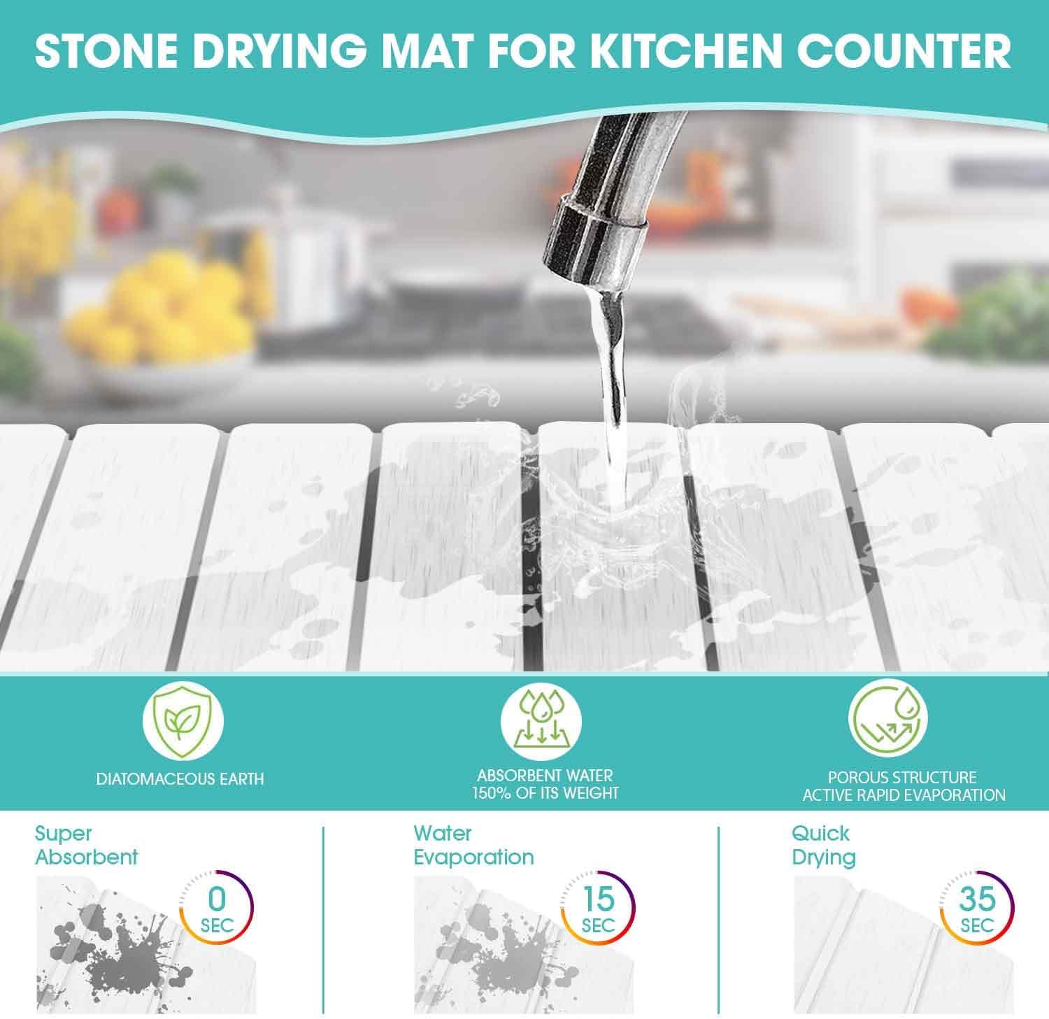 Dish Drying Mat Stone Bath Mat Diatomaceous Earth Stone Drying Mat For Kitchen Counter Sink Bath Mat Quick Dry Non Slip Foldable Dish Drying Rack Mat Large(24"×16" White)