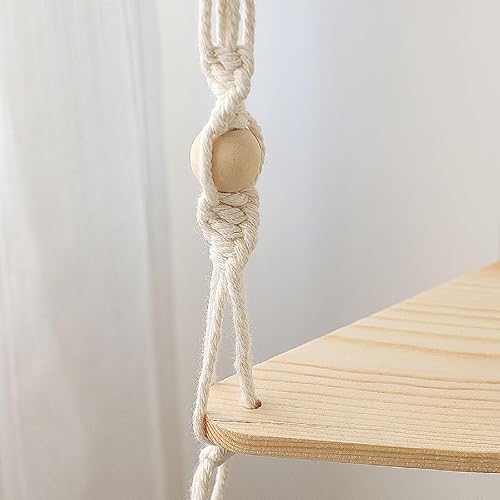 Miniatura 4 de Estante colgante de macramé, estante colgante triangular de madera de 2 niveles, hecho a mano, estantes esquineros de cuerda tejida a mano, estante