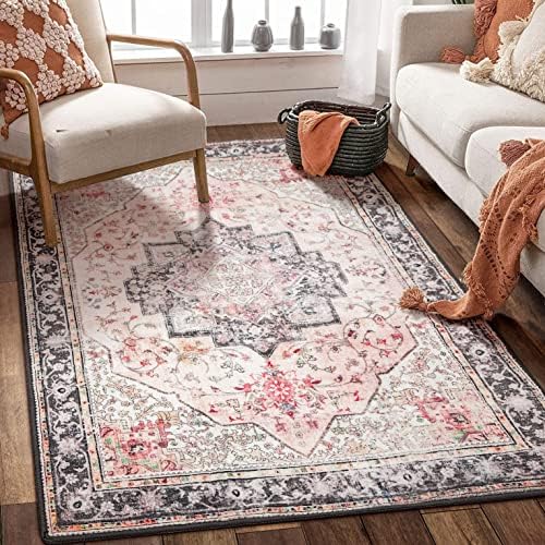 YesRug Boho Area Rug 3x5 Pink Rug Washable Vintage Persian Rug for Kitchen Living Room Bedroom Bathroom Office Low Pile Non Slip Floor Carpet
