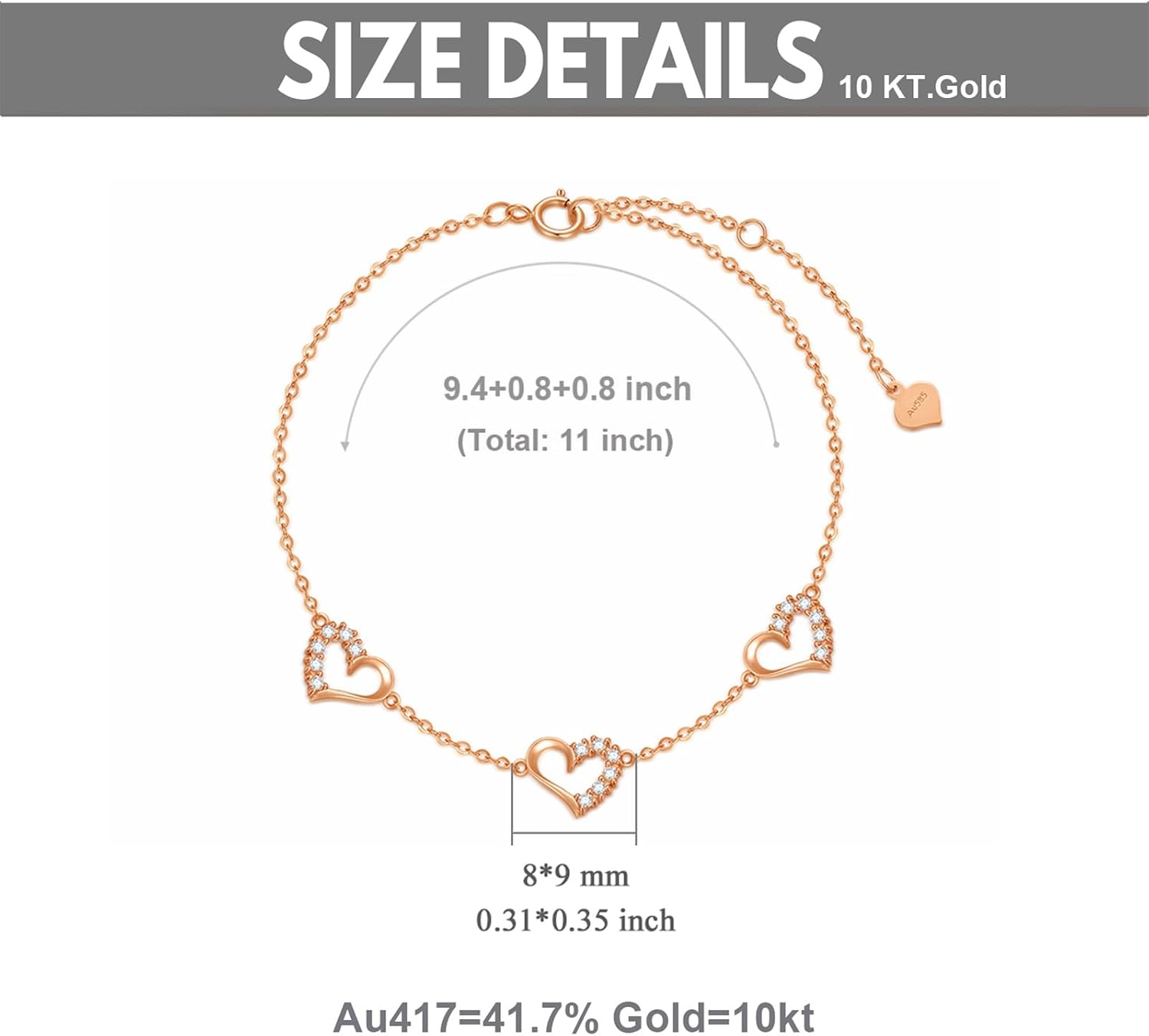 SISGEM 10k Rose Gold Heart Anklets for Women, Cubic Zirconia Love Ankle Bracelet Jewelry Gifts for Her, 9.4-11 inches