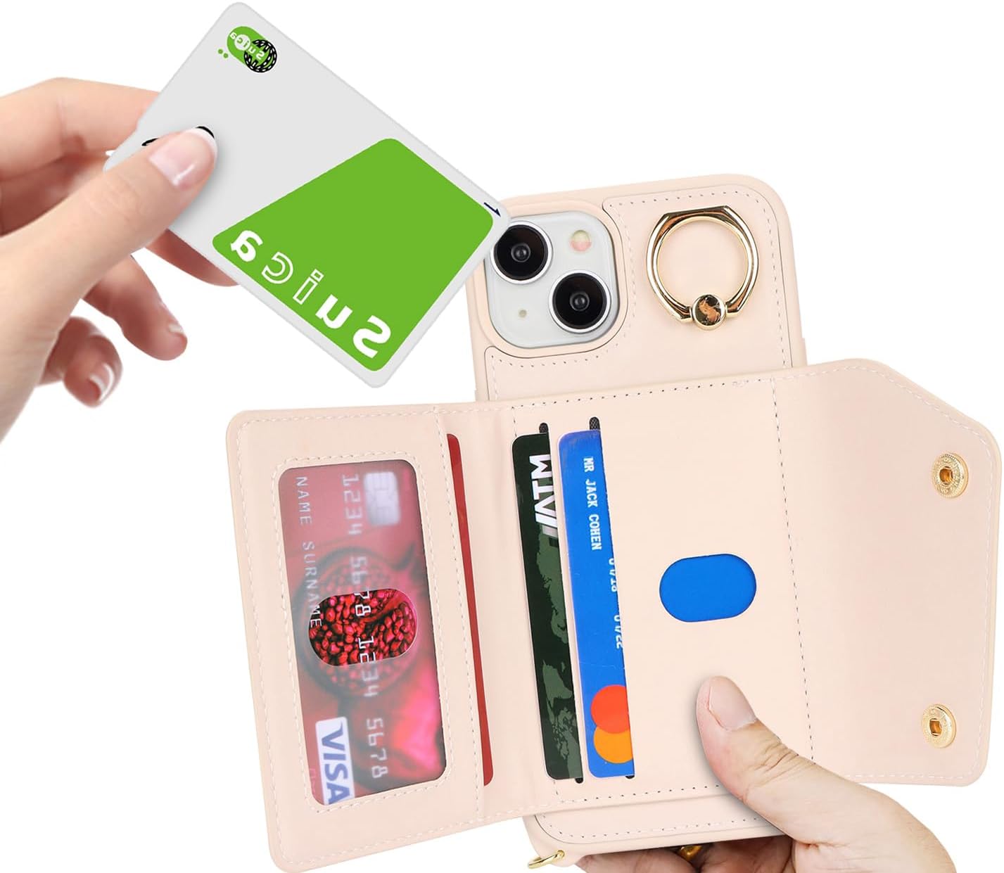 for iPhone 14 Plus Case with Card Holder and Strap - Zipper Pocket,Crossbody Lanyard Strap,Credit Card Holder,Stand Ring,Cute Phone Wallet Case for Women(Beige,6.7 Inch) - Image 4