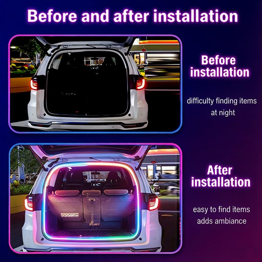 RGB LED Strip for Car Trunk Interior, Waterproof IP67 Multi-Color Car Trunk Lighting with Music Sync, Universal Car LED Strip Lights Decor
