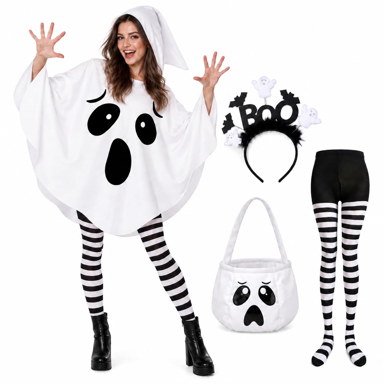 Women Ghost Halloween Costume 4 Piece Set, Adult Ghost Costume with Poncho, Headband, Ghost Bag & Striped Leg Socks, Cute Spooky Fancy Dress Outfit for Women Halloween Party Carnival & Costume Event