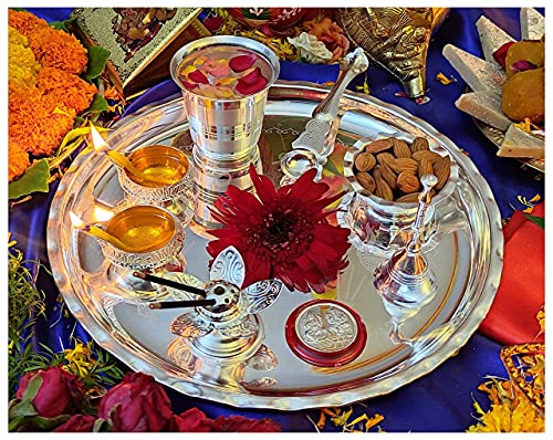 Nobility Pooja Thali Set Silver Plated 9.5 Inch Puja Thali With Coin Kuber Diya Dhup Dani Bowl Spoon Glass Ghanti For Diwali Home Temple Office Wedding Return Gift Items #TOP3