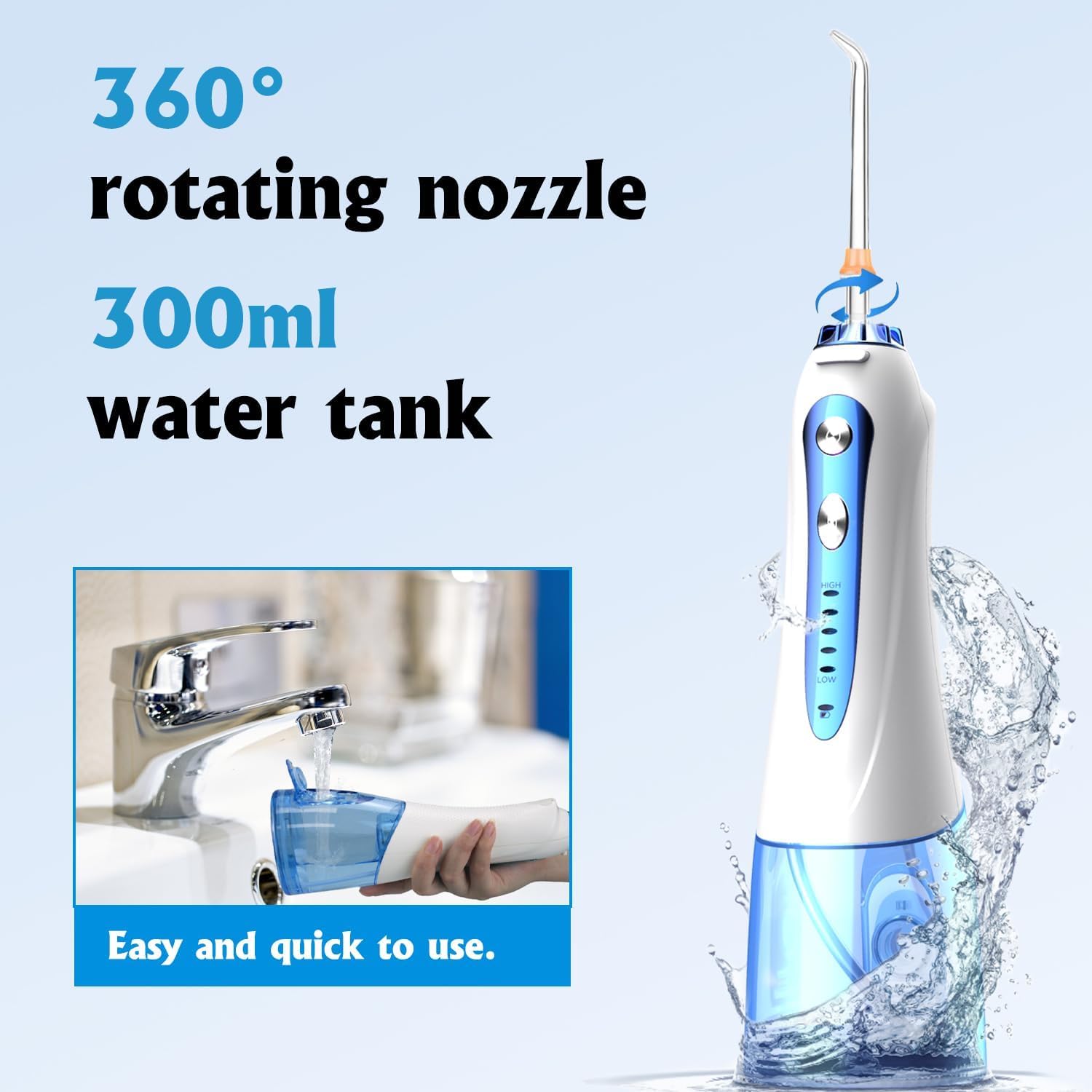 Irrigatore orale senza fili, 300 ml, risciacquo da viaggio, 5 modalità e 5 ugelli, irrigatore orale elettrico, IPX7, impermeabile, ricarica USB (blu/bianco)