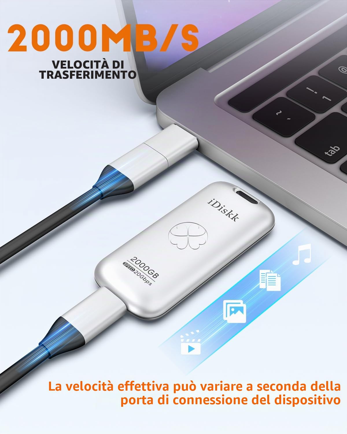 iDiskk Unità a stato solido esterna da 512 GB fino a 2000 MB/s, USB 3.2 Gen 2x2 USB-C SSD, SSD portatile ad alte prestazioni con cavo USB-C, chiavetta USB flash USB tascabile da 2000 MB/s (argento)