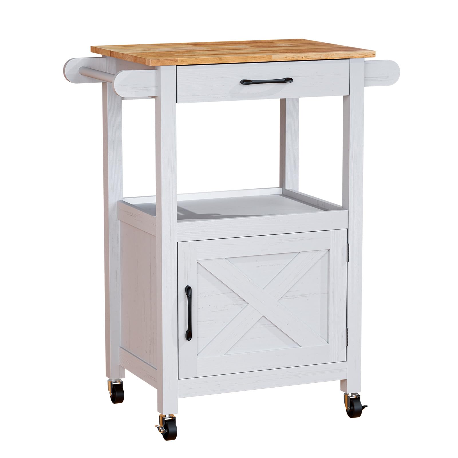 Bonnlo Carrello Cucina Mobile, Carrello Portaoggetti con Ruote, Cassetto e Armadietto, Piano di Lavoro in Legno, Bianco, Carrello Servizio per Sala da Pranzo, 74 x 63 x 89 cm
