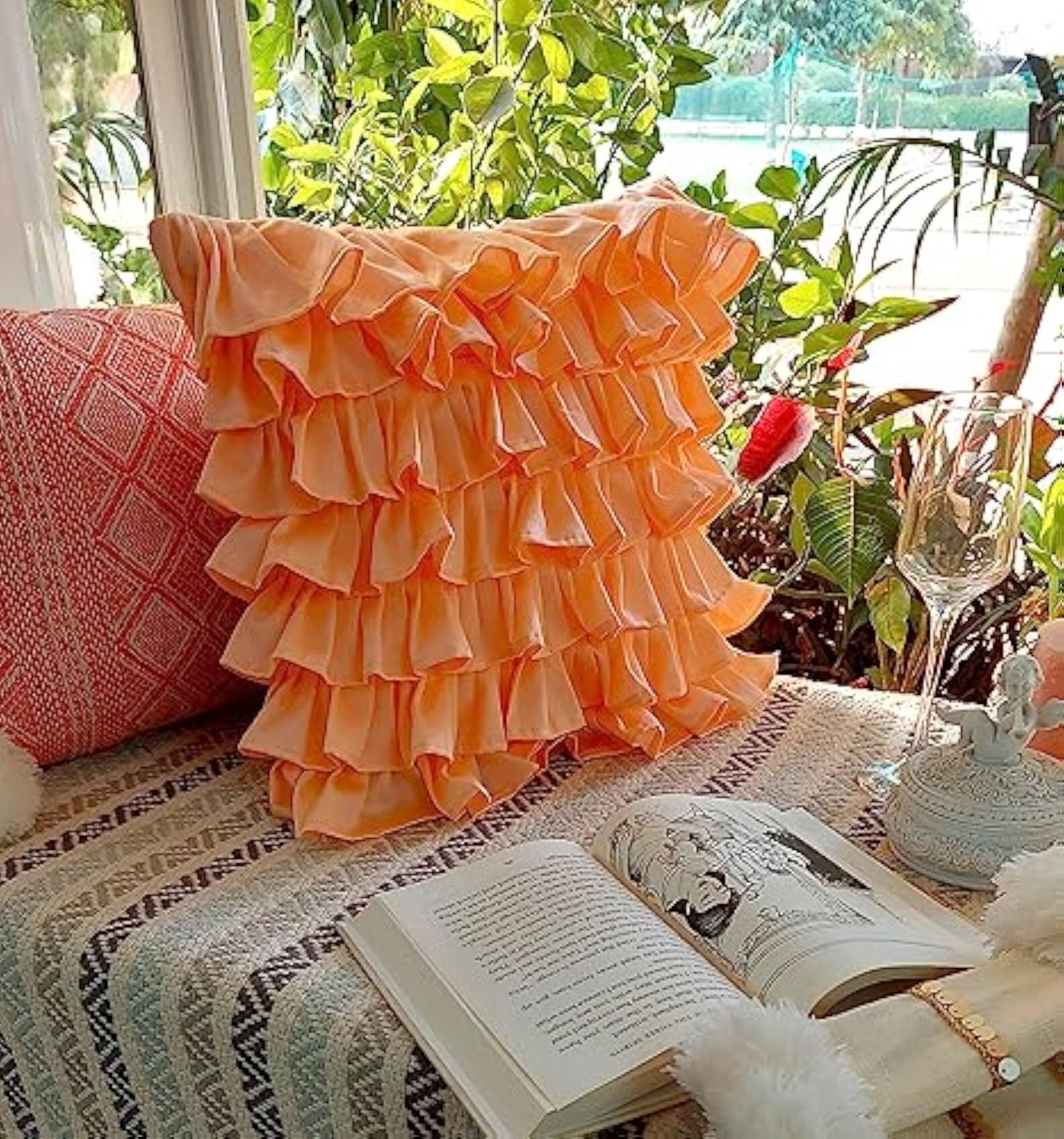Peach Ruffled Cushion Cover, Soft Cotton Decorative Pillowcase