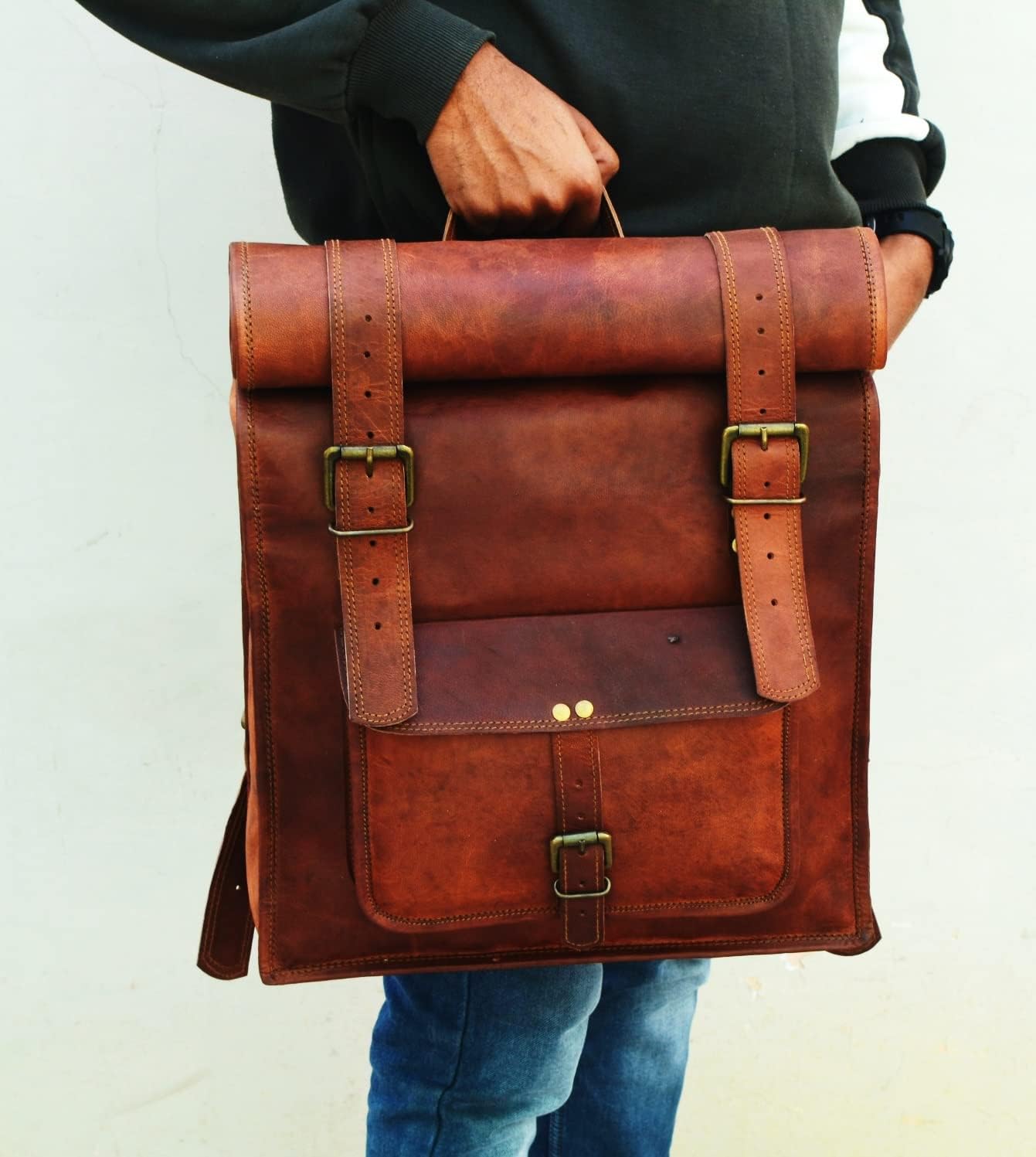 URBAN DEZIRE Men's 17 inch Leather Vintage Roll On Laptop Backpack Rucksack knapsack college bag