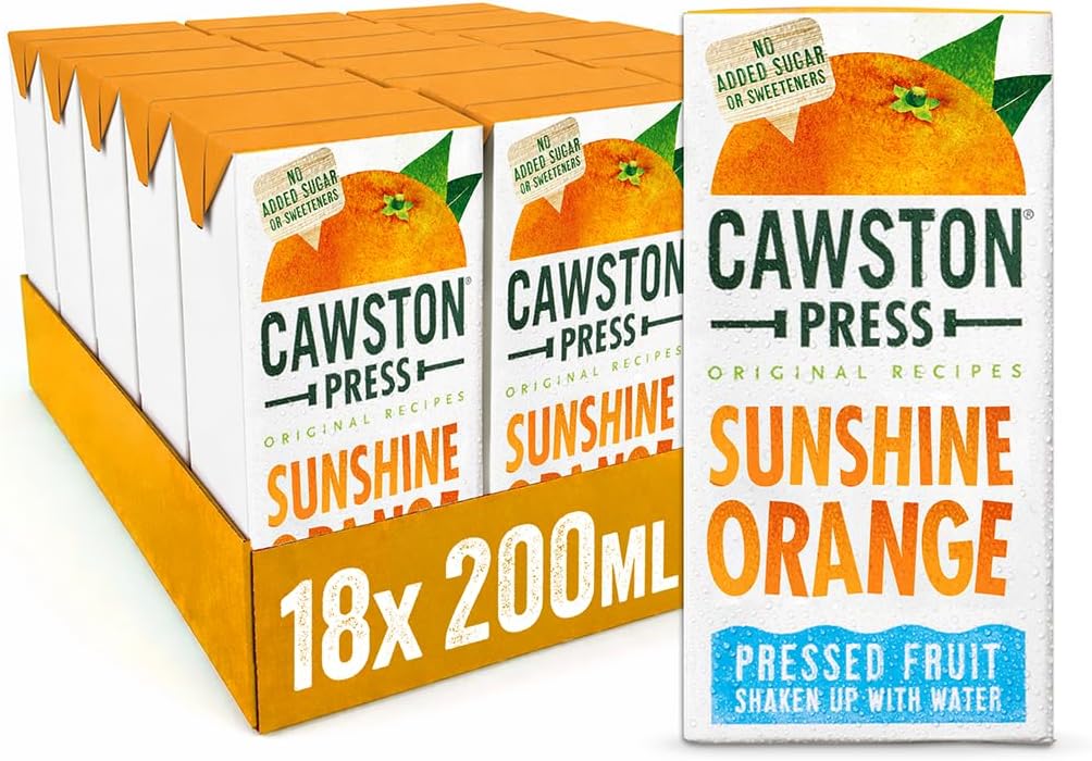Cawston Press Sunshine Orange Fruit Water for Kids | No Added Sugar | Pressed Orange Flavoured Drink | 200ml Cartons (Pack of 18) | Vegan, School Approved, Ideal for Lunchboxes